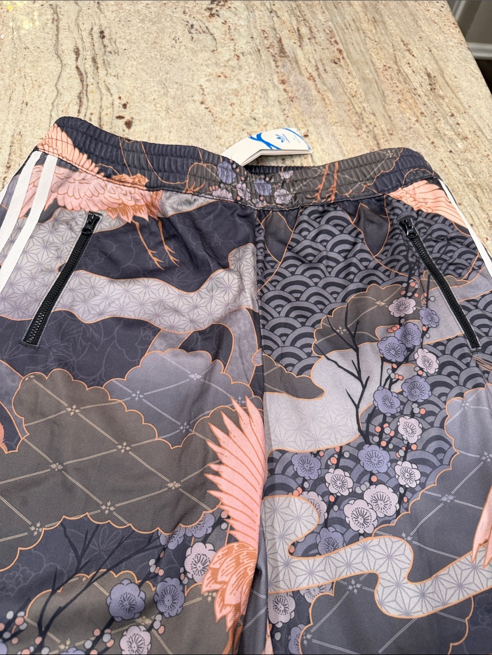 adidas Gray Track Pants with Peach Crane Print - Picture 6 of 9